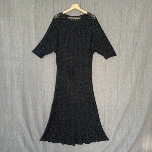 70s Vintage Black Silver Metallic Crochet Short Dolman Sleeve A line Midi Dress